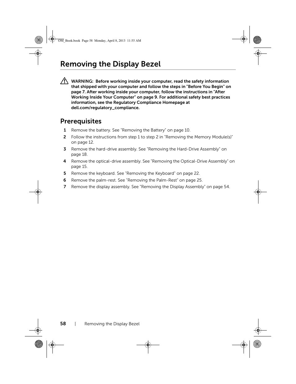 Removing the display bezel, Prerequisites | Dell Inspiron M531R (5535, Mid 2013) User Manual | Page 58 / 71