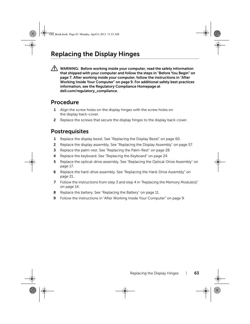 Replacing the display hinges, Procedure, Postrequisites | Dell Inspiron M531R (5535, Mid 2013) User Manual | Page 63 / 71