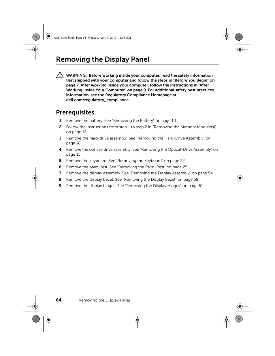 Removing the display panel, Prerequisites | Dell Inspiron M531R (5535, Mid 2013) User Manual | Page 64 / 71