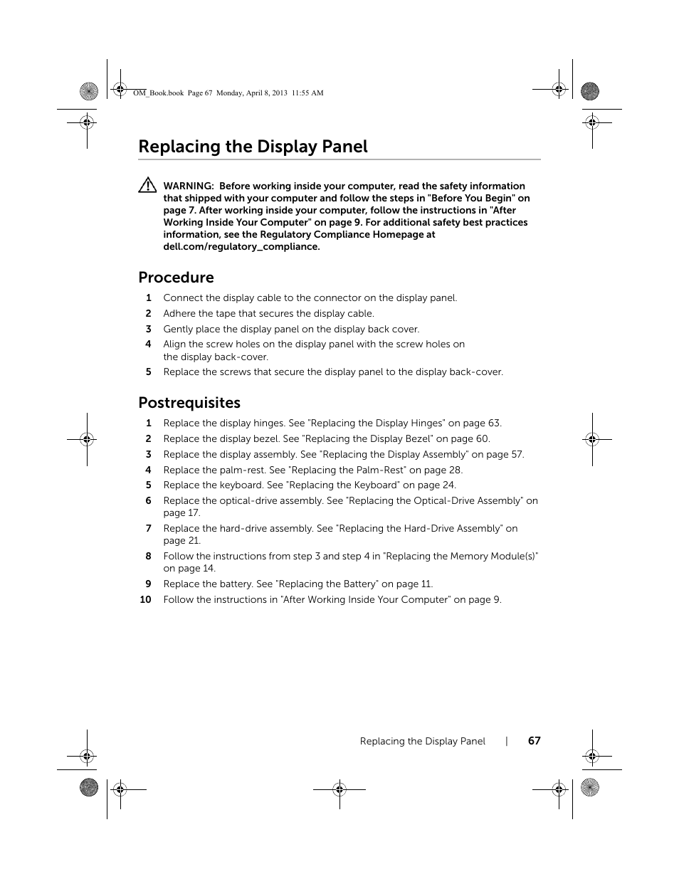 Replacing the display panel, Procedure, Postrequisites | Dell Inspiron M531R (5535, Mid 2013) User Manual | Page 67 / 71