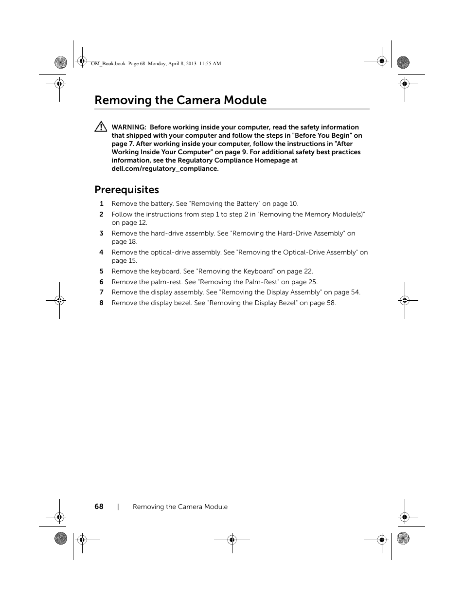 Removing the camera module, Prerequisites | Dell Inspiron M531R (5535, Mid 2013) User Manual | Page 68 / 71