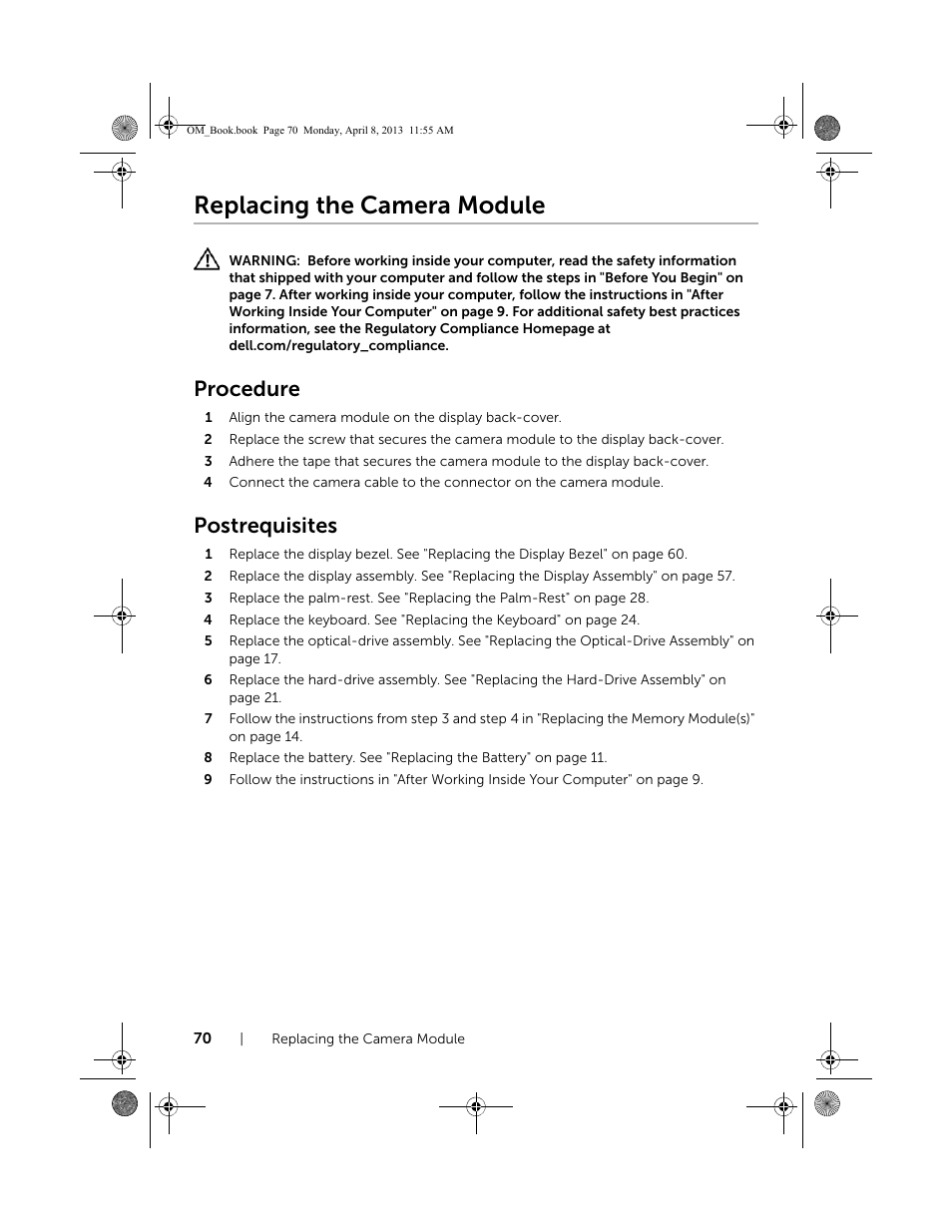 Replacing the camera module, Procedure, Postrequisites | Dell Inspiron M531R (5535, Mid 2013) User Manual | Page 70 / 71