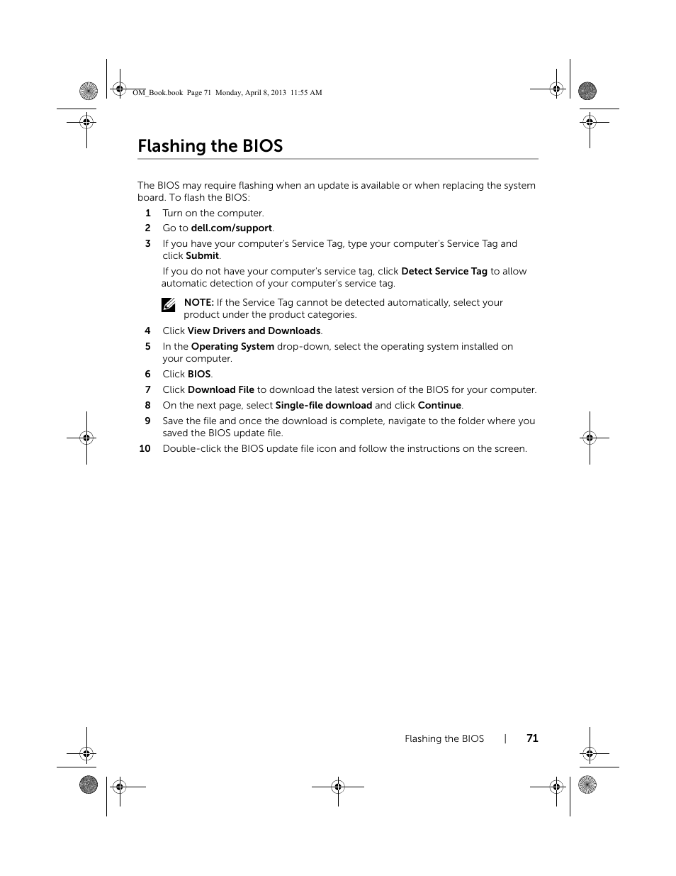 Flashing the bios | Dell Inspiron M531R (5535, Mid 2013) User Manual | Page 71 / 71