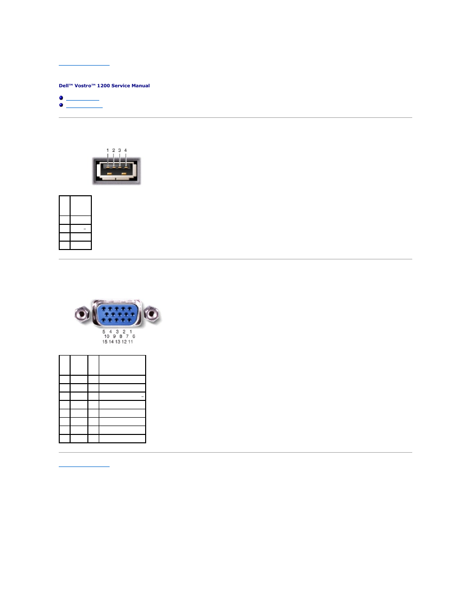 Pin assignments for i/o connectors, Usb connector video connector | Dell Vostro 1200 (Early 2009) User Manual | Page 36 / 41