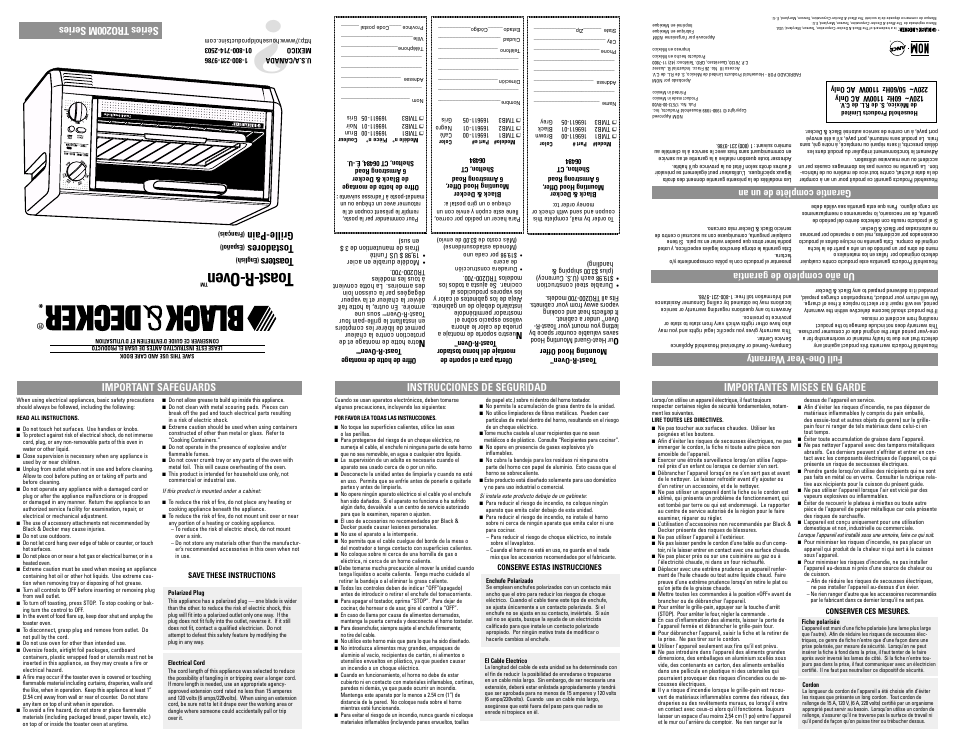 Instrucciones, T oast-r-oven, Séries tro200m series | T oasters, Tostadores, Grille-pain, Full one-year w arranty, Un año completo de garantía, Important safeguards, Instrucciones de seguridad | Black & Decker Toast-R-Oven User Manual | Page 3 / 7