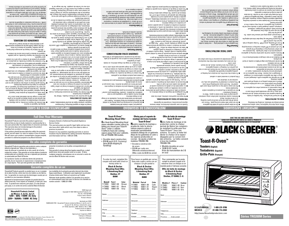 Toast-r-oven, Séries tro200m series, Toasters | Tostadores, Grille-pain, Full one-year warranty, Un año completo de garantía, Important safeguards, Instrucciones de seguridad, Importantes mises en garde | Black & Decker Toast-R-Oven User Manual | Page 6 / 7