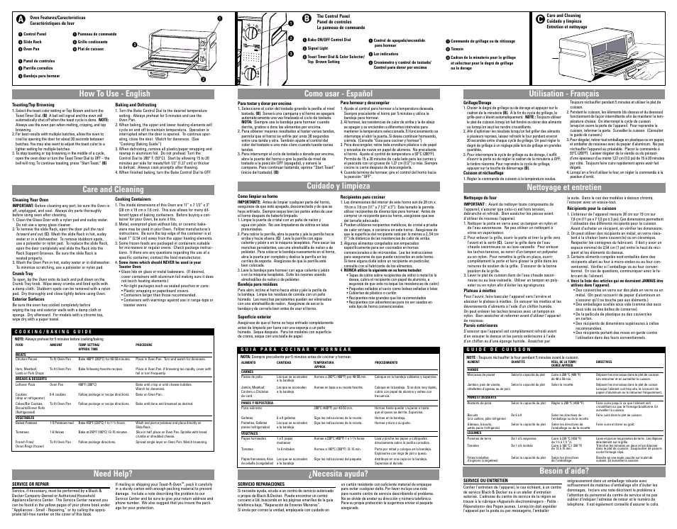How to use, Care & cleaning, Como usar | Cuidado y limpieza, Utilisation, Nettoyage et entretien, Care and cleaning, Besoin d’aide? ¿necesita ayuda? need help | Black & Decker Toast-R-Oven User Manual | Page 7 / 7