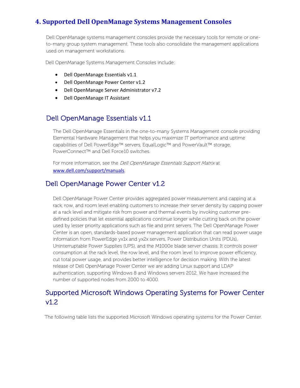 Dell openmanage power center v1.2, Dell openmanage essentials v1.1 | Dell POWEREDGE M1000E User Manual | Page 26 / 58