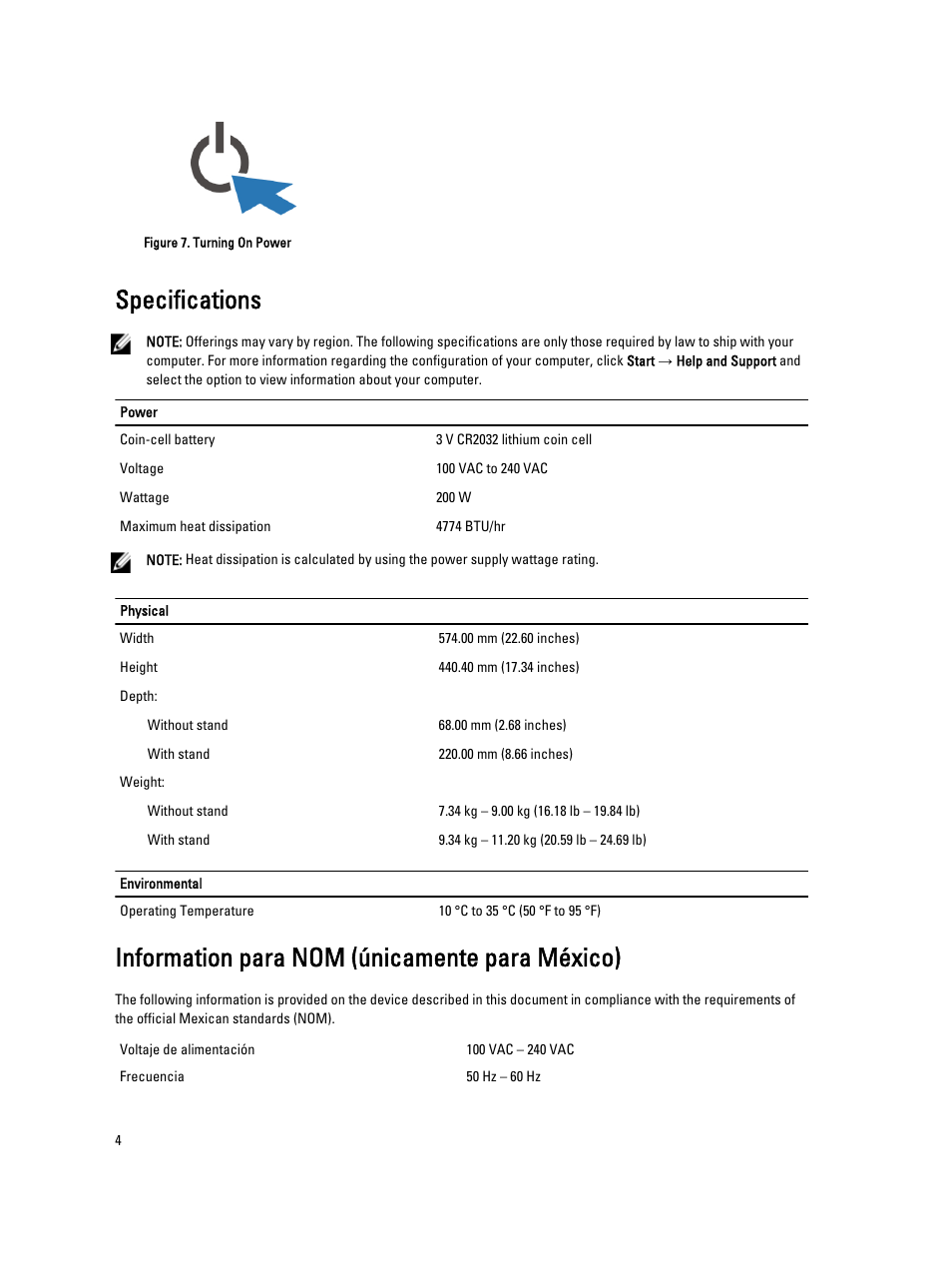 Specifications, Information para nom (únicamente para méxico) | Dell OptiPlex 9010 All In One (Mid 2012) User Manual | Page 4 / 5