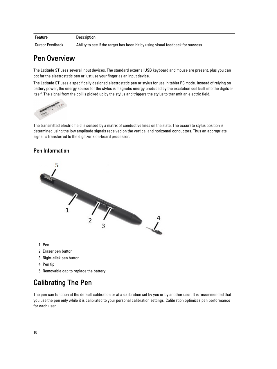 Pen overview, Pen information, Calibrating the pen | Dell Latitude ST (Late 2011) User Manual | Page 10 / 65