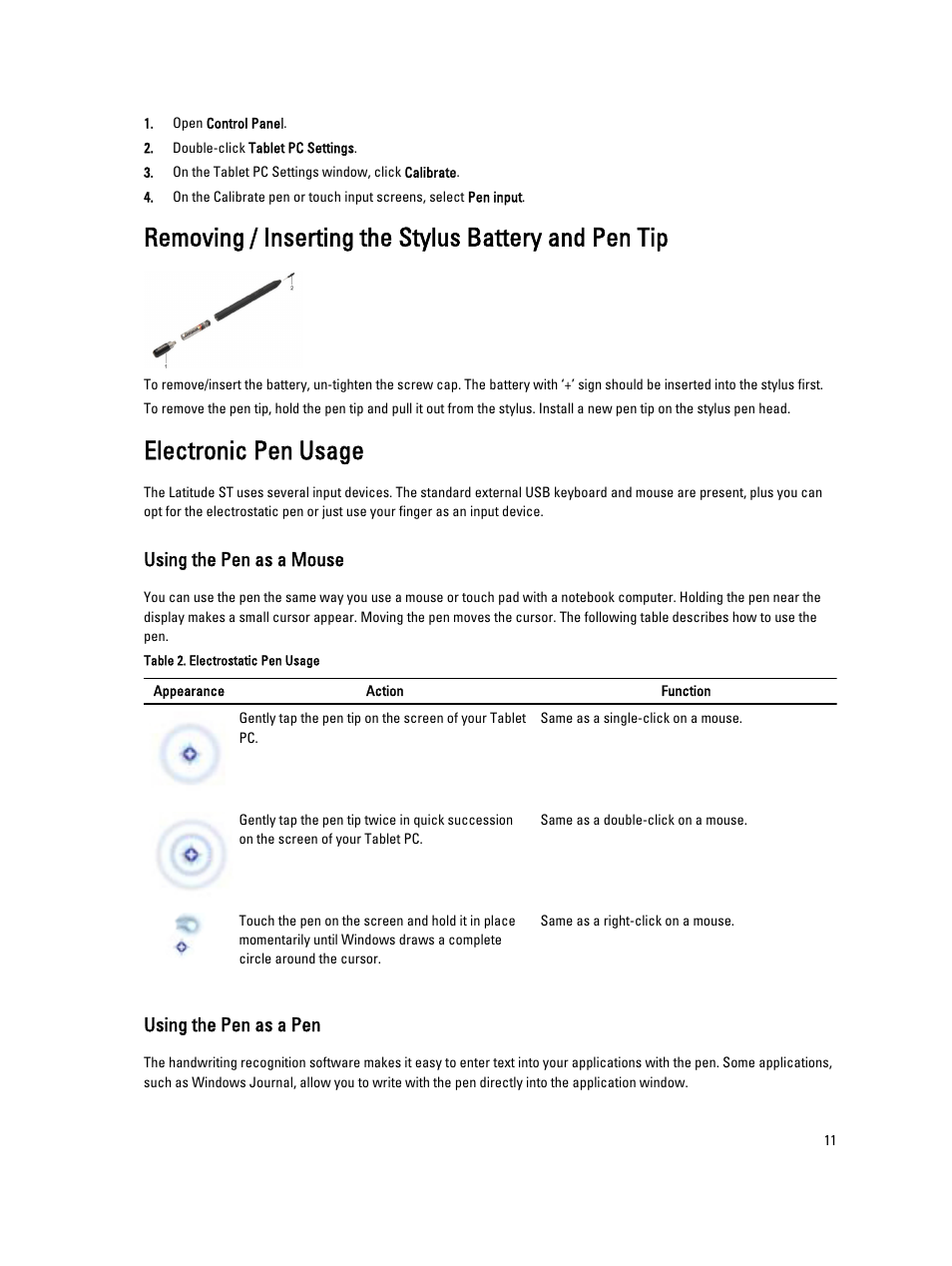 Electronic pen usage, Using the pen as a mouse, Using the pen as a pen | Dell Latitude ST (Late 2011) User Manual | Page 11 / 65