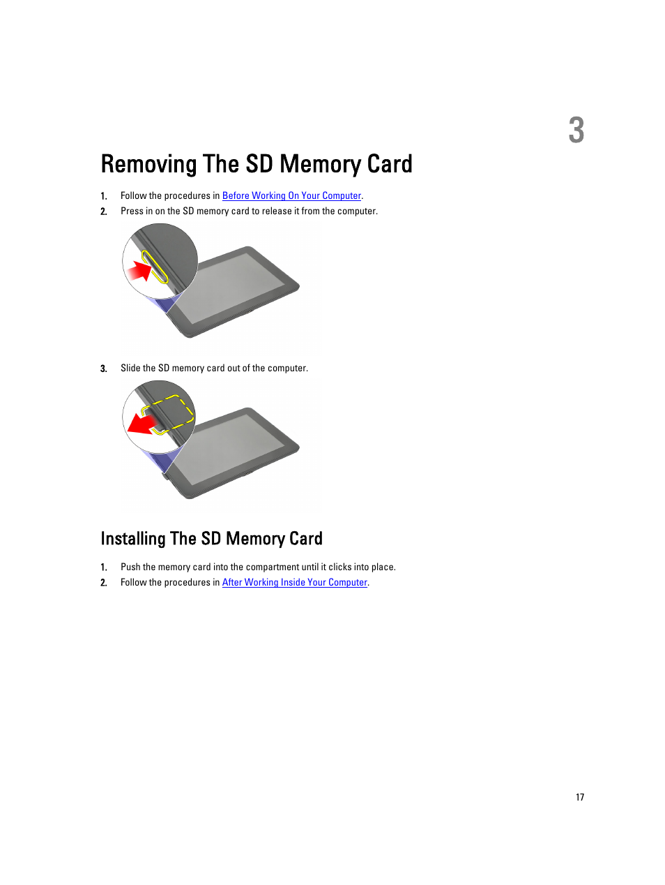Removing the sd memory card, Installing the sd memory card, 3 removing the sd memory card | Dell Latitude ST (Late 2011) User Manual | Page 17 / 65