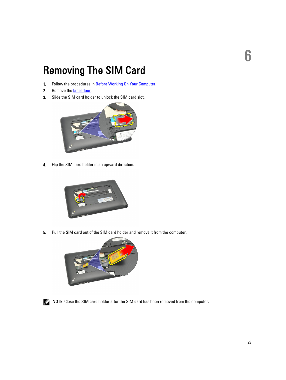 Removing the sim card, 6 removing the sim card | Dell Latitude ST (Late 2011) User Manual | Page 23 / 65