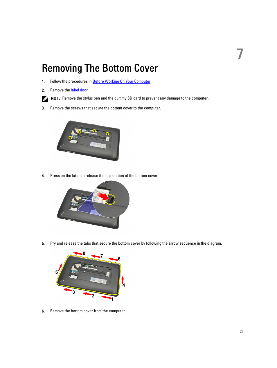 Removing the bottom cover, 7 removing the bottom cover | Dell Latitude ST (Late 2011) User Manual | Page 25 / 65