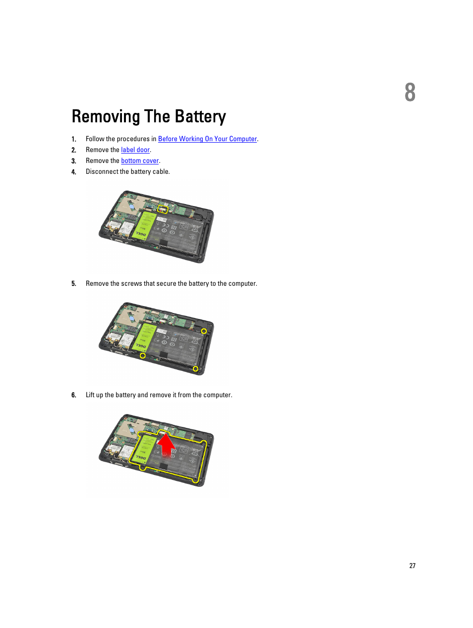 Removing the battery, 8 removing the battery | Dell Latitude ST (Late 2011) User Manual | Page 27 / 65