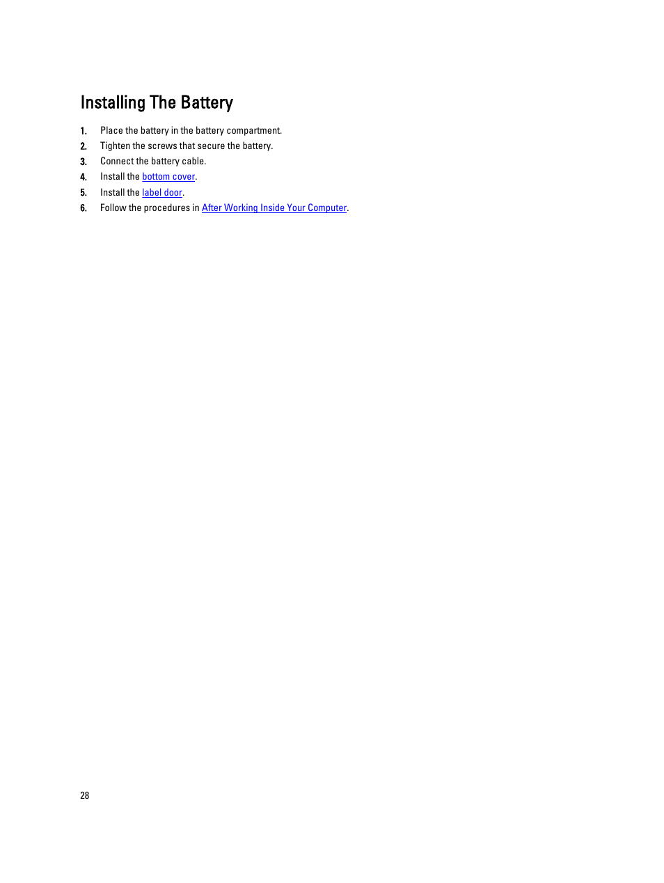 Installing the battery | Dell Latitude ST (Late 2011) User Manual | Page 28 / 65