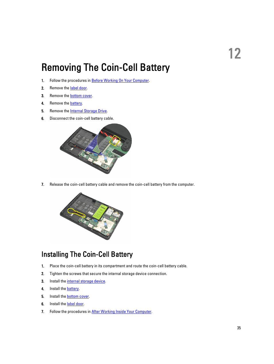 Removing the coin-cell battery, Installing the coin-cell battery, 12 removing the coin-cell battery | Dell Latitude ST (Late 2011) User Manual | Page 35 / 65