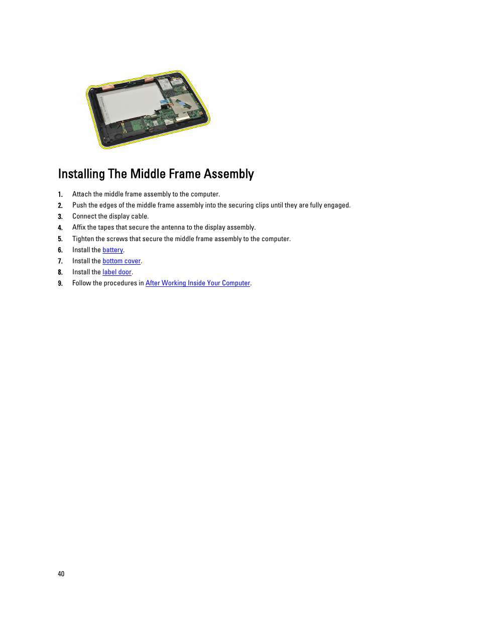 Installing the middle frame assembly | Dell Latitude ST (Late 2011) User Manual | Page 40 / 65