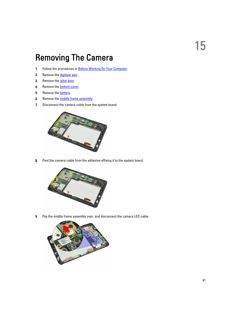 Removing the camera, 15 removing the camera | Dell Latitude ST (Late 2011) User Manual | Page 41 / 65