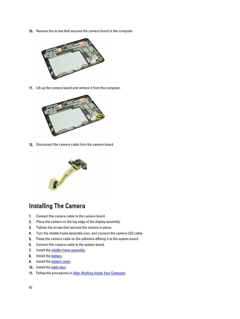 Installing the camera | Dell Latitude ST (Late 2011) User Manual | Page 42 / 65