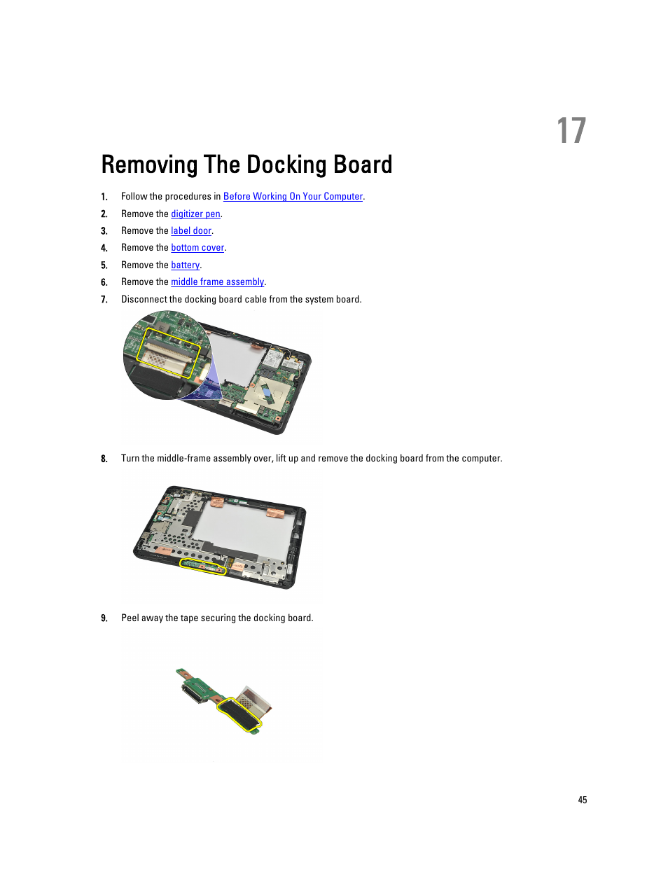 Removing the docking board, 17 removing the docking board | Dell Latitude ST (Late 2011) User Manual | Page 45 / 65