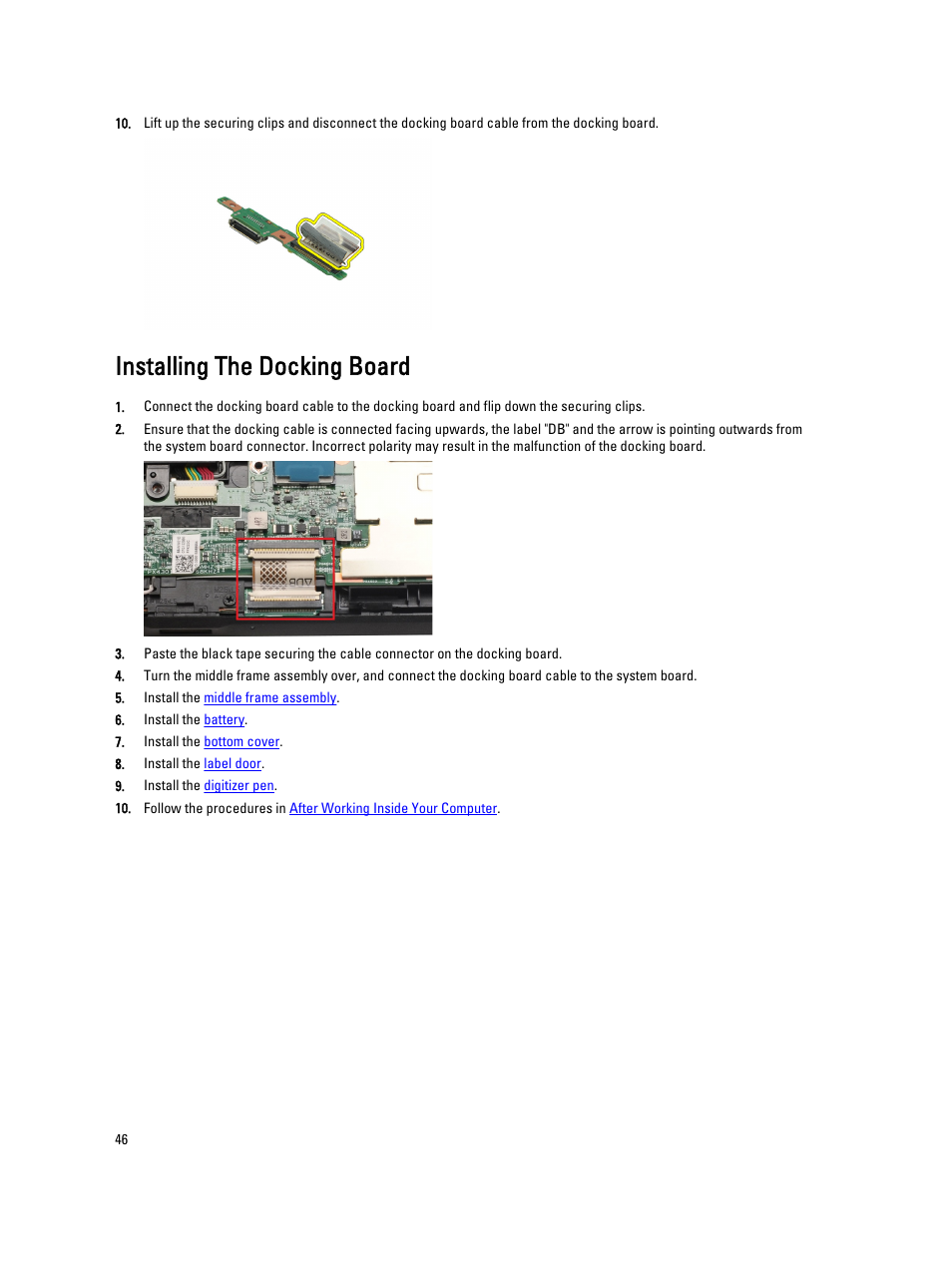 Installing the docking board | Dell Latitude ST (Late 2011) User Manual | Page 46 / 65