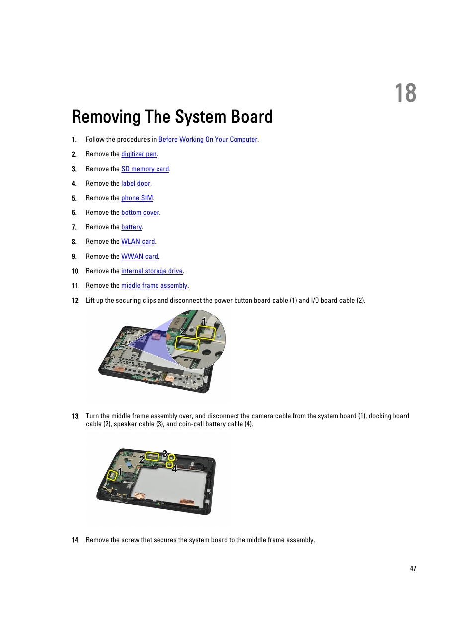 Removing the system board, 18 removing the system board | Dell Latitude ST (Late 2011) User Manual | Page 47 / 65