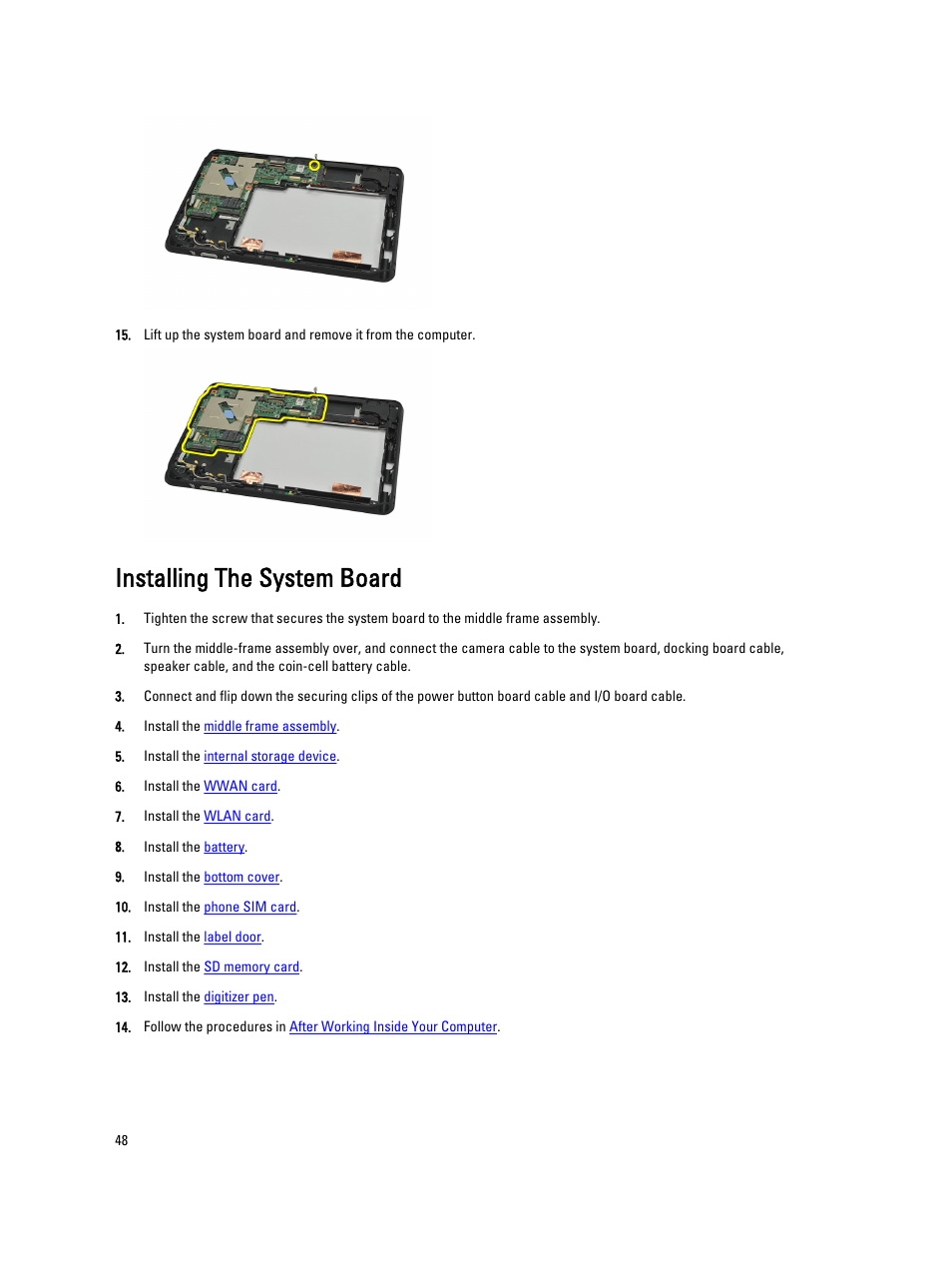 Installing the system board | Dell Latitude ST (Late 2011) User Manual | Page 48 / 65