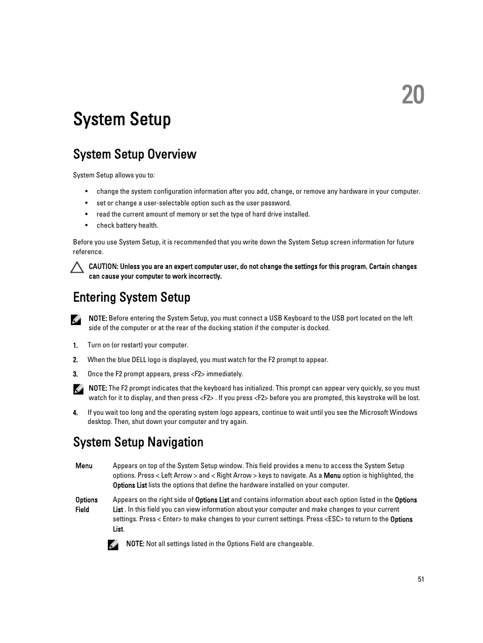 System setup, System setup overview, Entering system setup | System setup navigation, 20 system setup | Dell Latitude ST (Late 2011) User Manual | Page 51 / 65