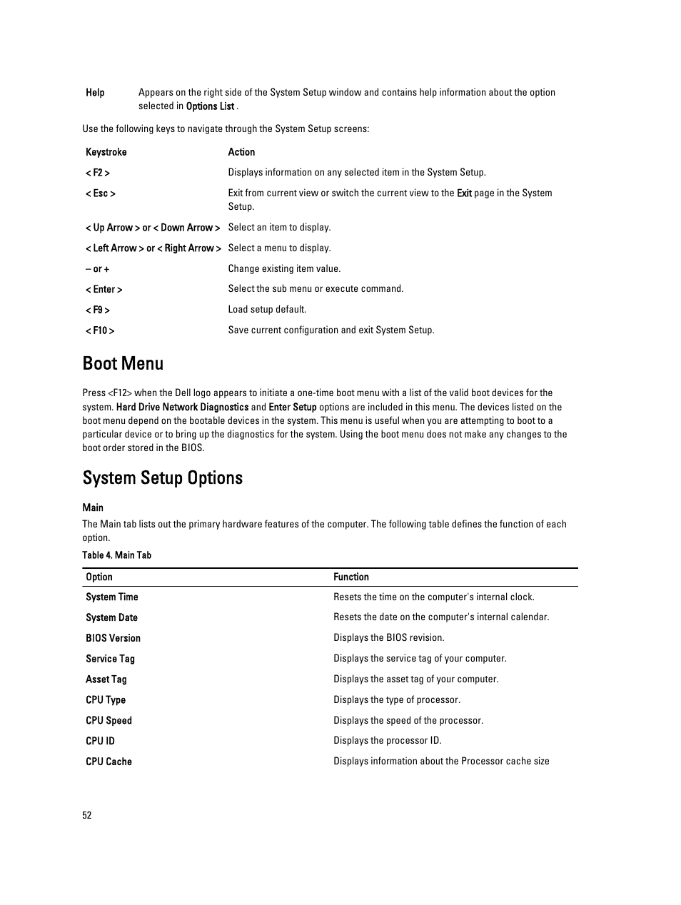 Boot menu, System setup options | Dell Latitude ST (Late 2011) User Manual | Page 52 / 65