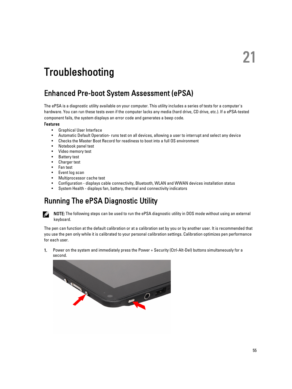 Troubleshooting, Enhanced pre-boot system assessment (epsa), Running the epsa diagnostic utility | 21 troubleshooting | Dell Latitude ST (Late 2011) User Manual | Page 55 / 65