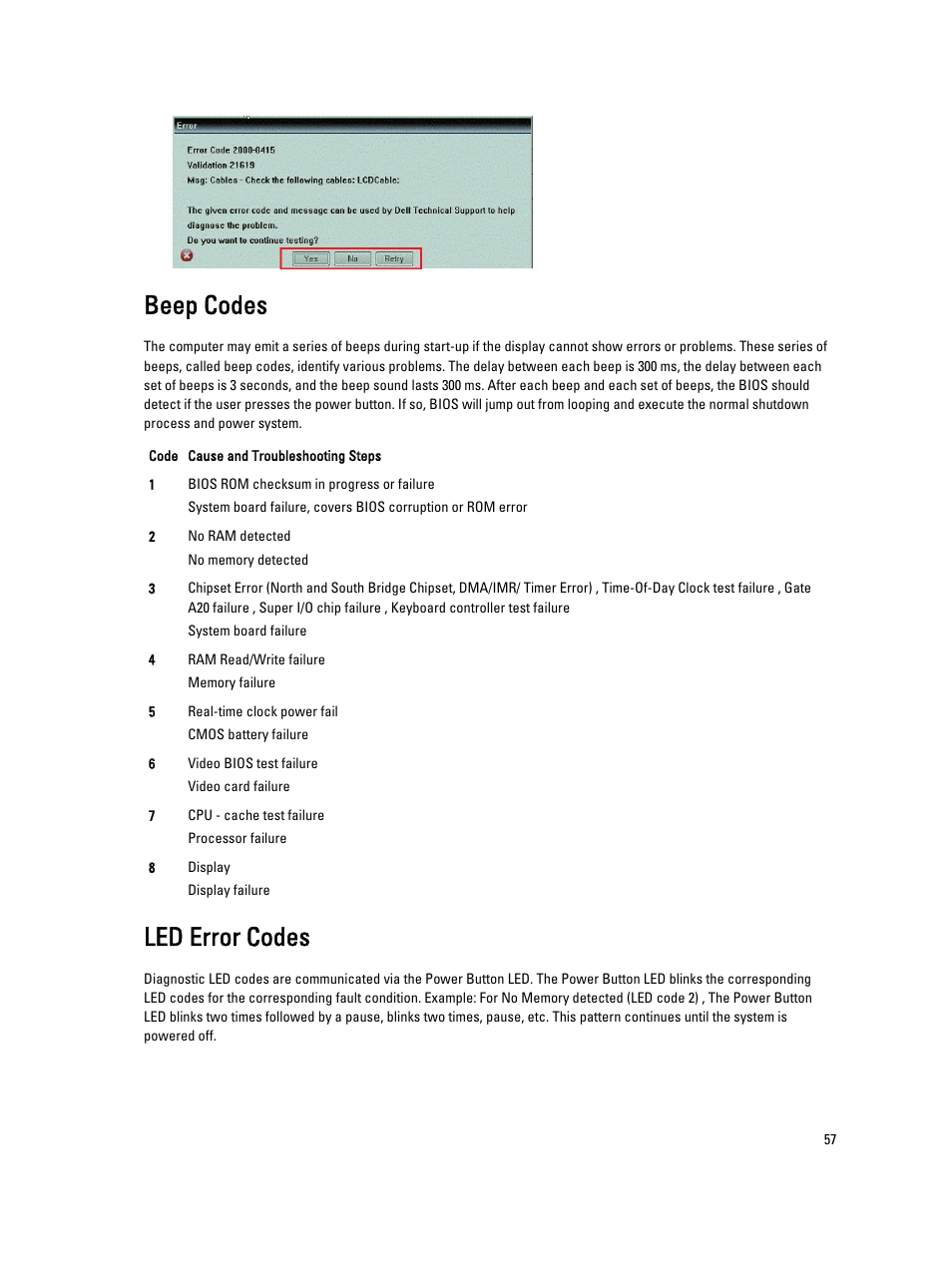 Beep codes, Led error codes | Dell Latitude ST (Late 2011) User Manual | Page 57 / 65