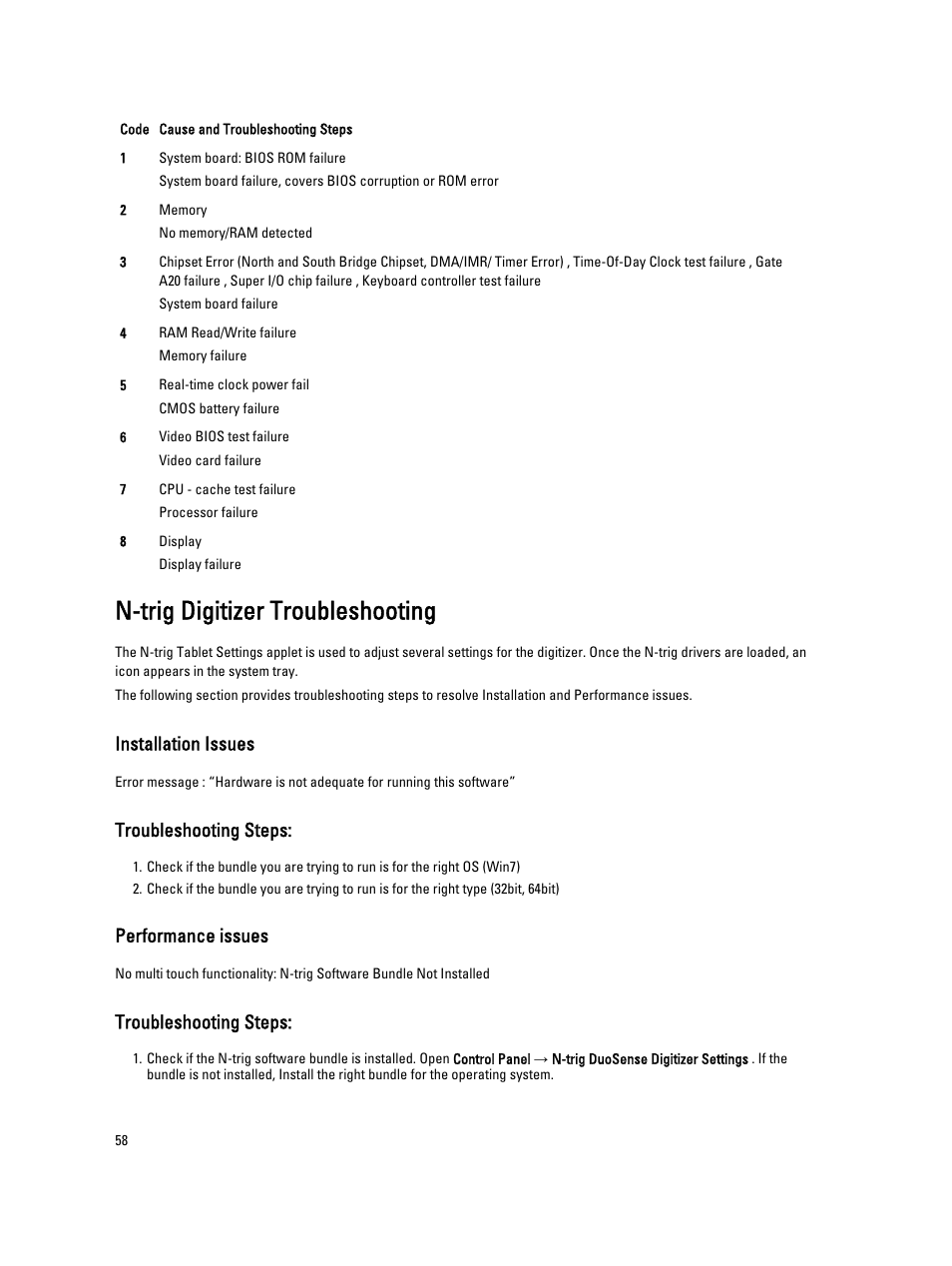 N-trig digitizer troubleshooting, Installation issuestroubleshooting steps, Performance issuestroubleshooting steps | Installation issues, Troubleshooting steps, Performance issues | Dell Latitude ST (Late 2011) User Manual | Page 58 / 65