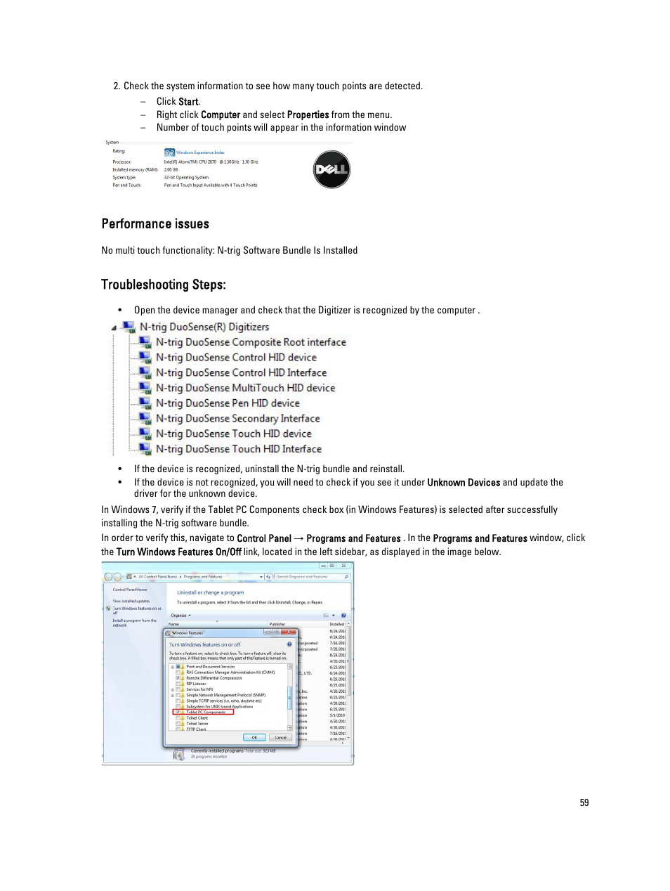 Performance issuestroubleshooting steps, Performance issues, Troubleshooting steps | Dell Latitude ST (Late 2011) User Manual | Page 59 / 65