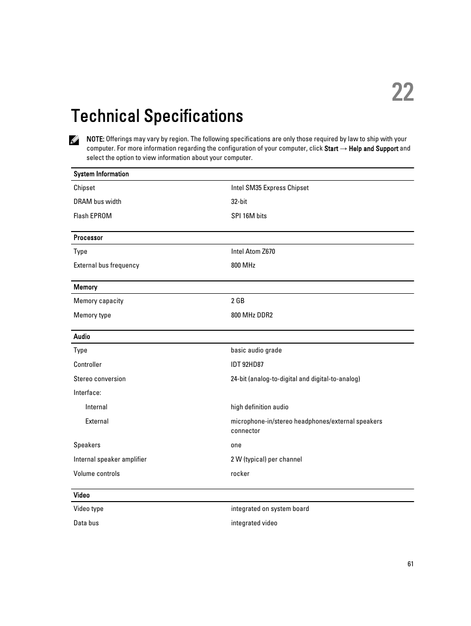 Technical specifications, 22 technical specifications | Dell Latitude ST (Late 2011) User Manual | Page 61 / 65