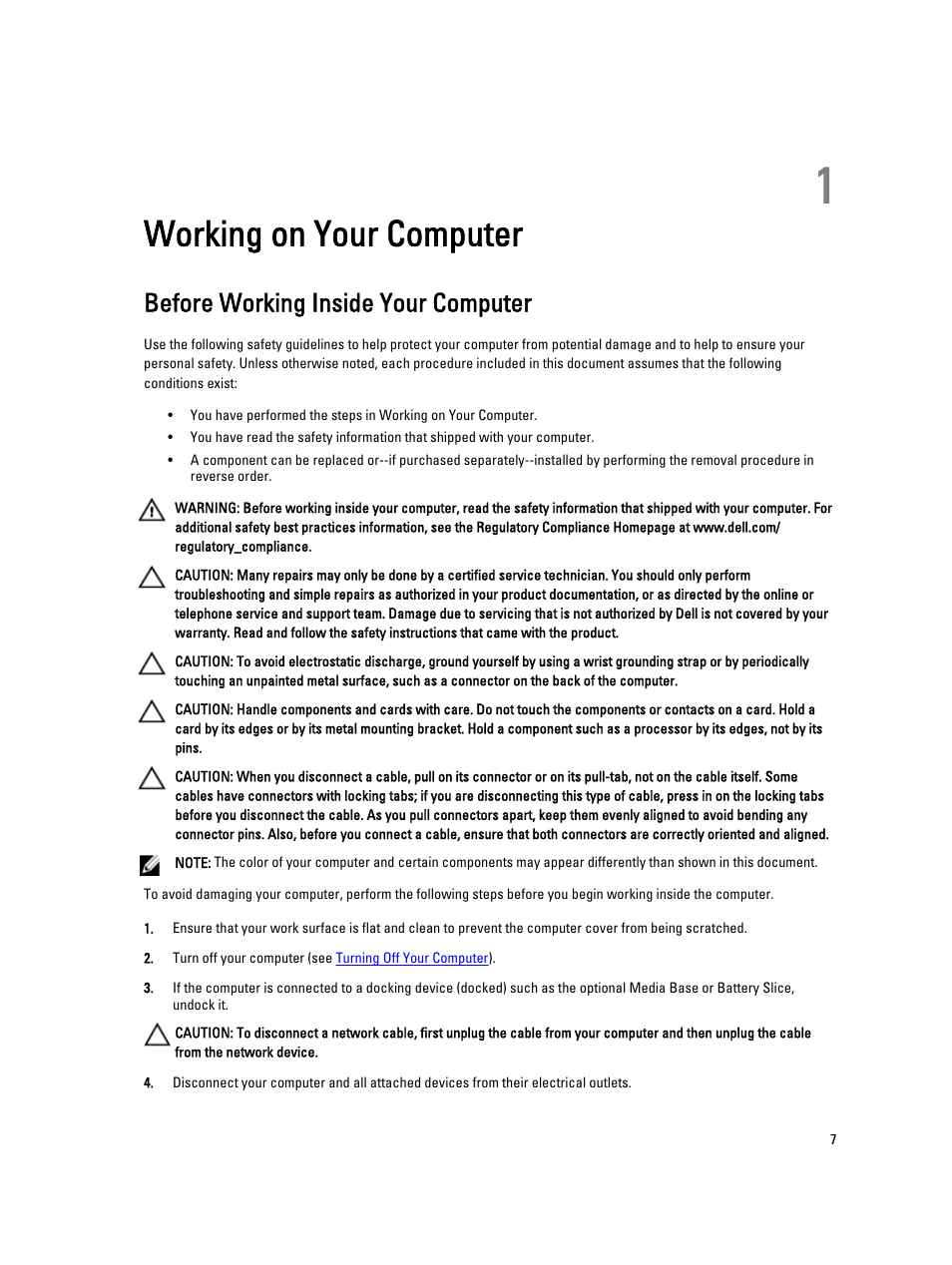 Working on your computer, Before working inside your computer, 1 working on your computer | Dell Latitude ST (Late 2011) User Manual | Page 7 / 65