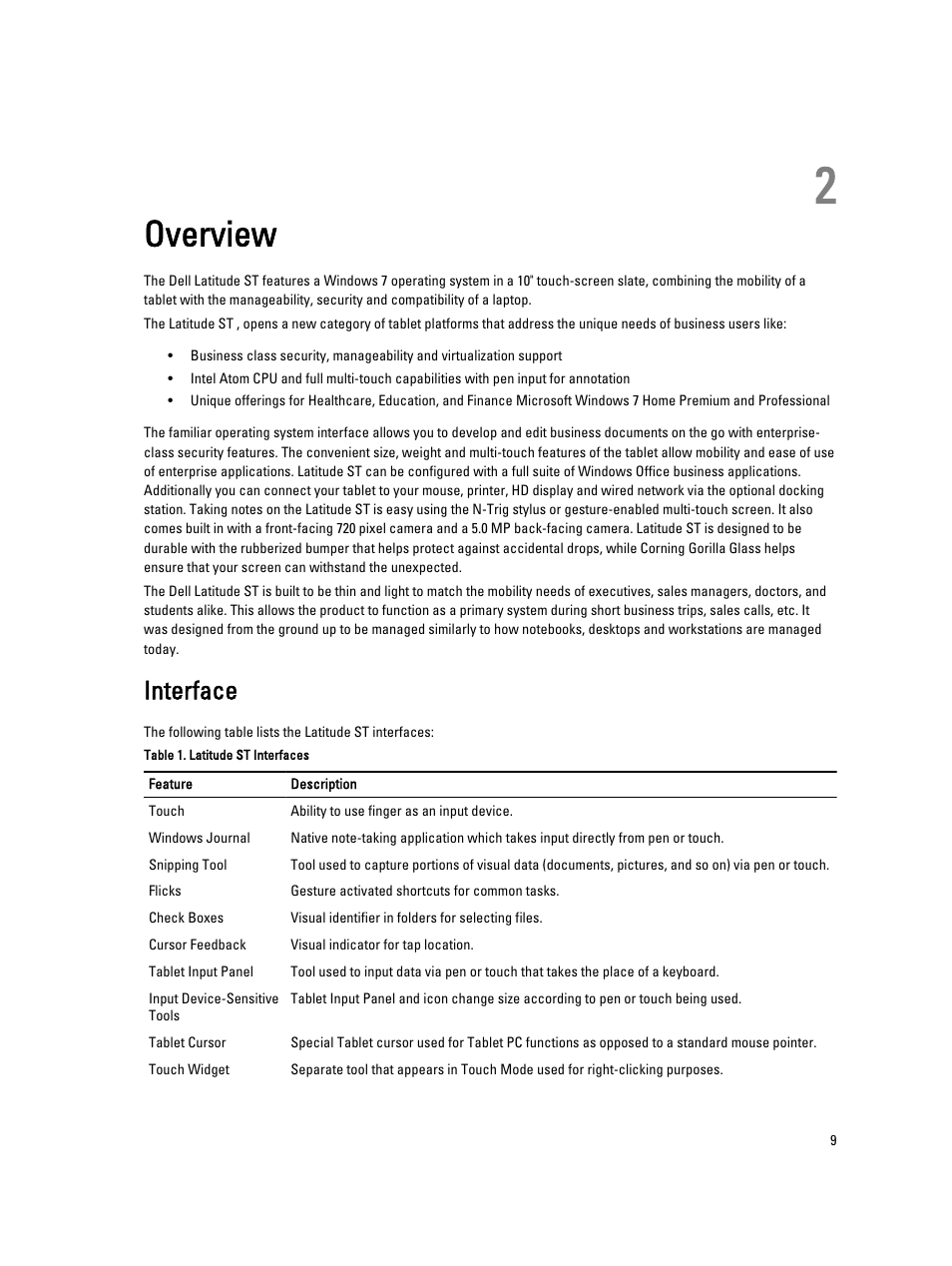 Overview, Interface, 2 overview | Dell Latitude ST (Late 2011) User Manual | Page 9 / 65