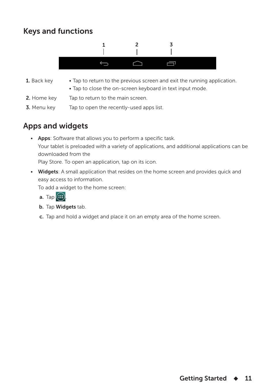 Keys and functions, Apps and widgets, Keys and functions apps and widgets | Dell Venue 7 3736 China Only User Manual | Page 11 / 26