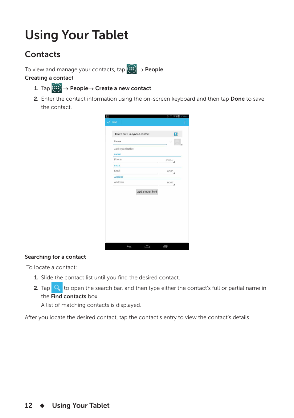 Using your tablet, Contacts | Dell Venue 7 3736 China Only User Manual | Page 12 / 26