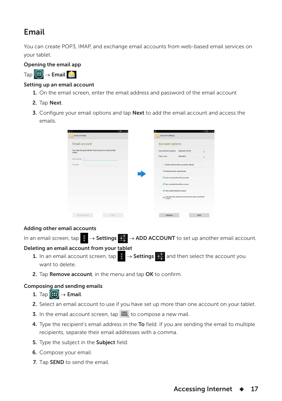 Email, Accessing internet | Dell Venue 7 3736 China Only User Manual | Page 17 / 26