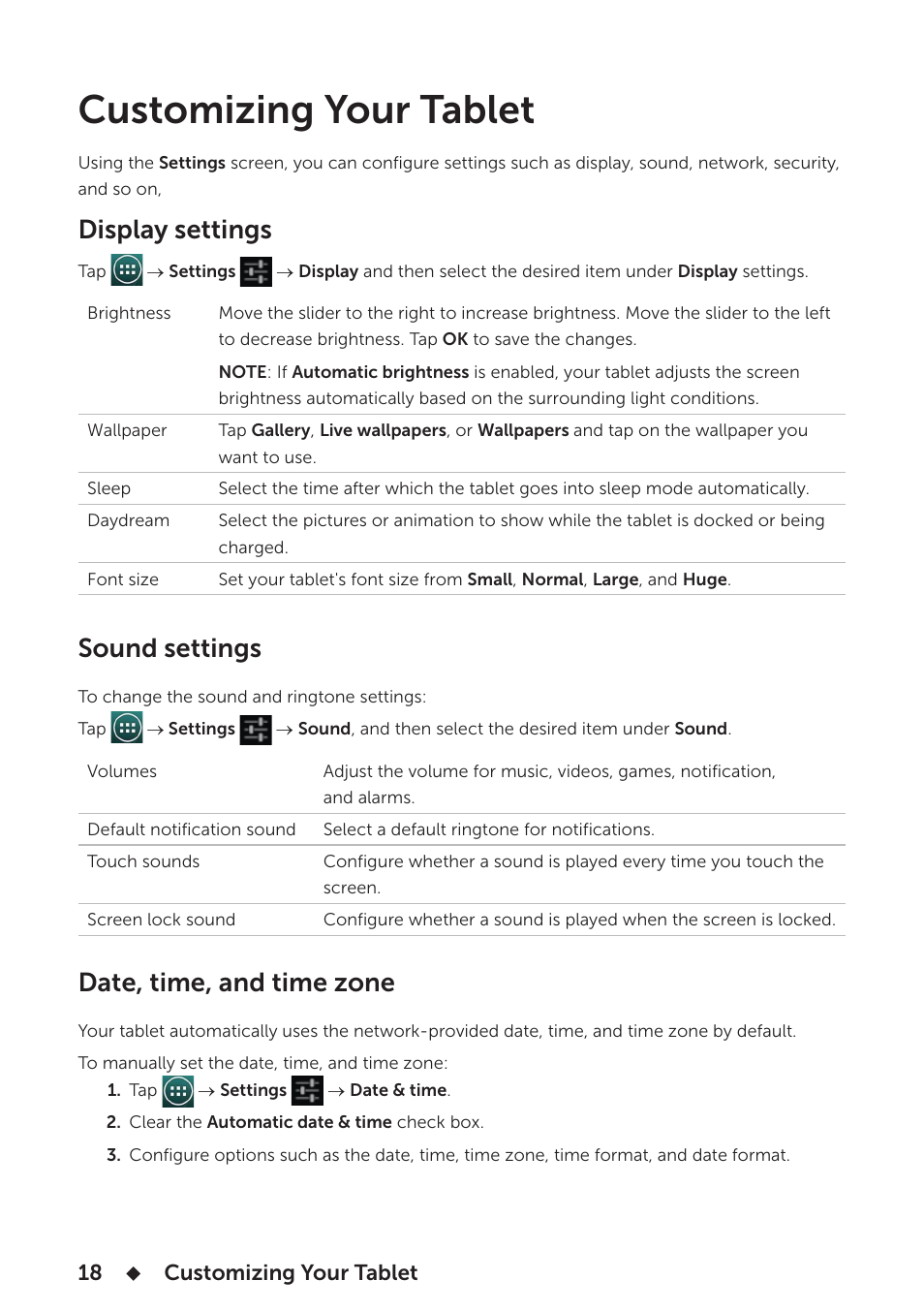 Customizing your tablet, Display settings, Sound settings | Date, time, and time zone | Dell Venue 7 3736 China Only User Manual | Page 18 / 26