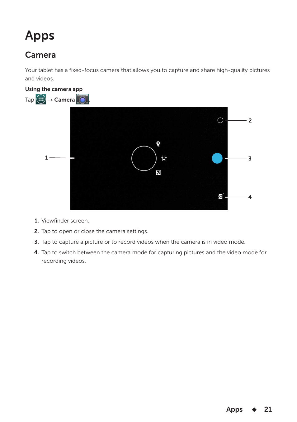 Apps, Camera | Dell Venue 7 3736 China Only User Manual | Page 21 / 26