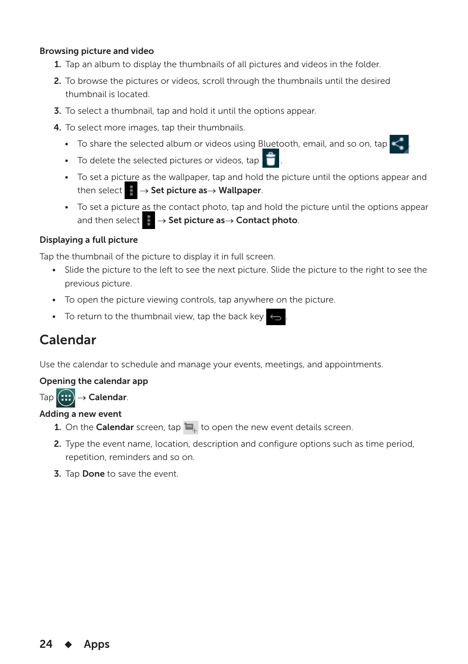 Calendar, Apps | Dell Venue 7 3736 China Only User Manual | Page 24 / 26
