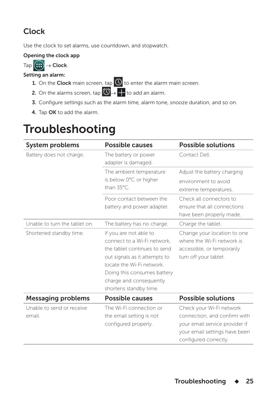 Clock, Troubleshooting | Dell Venue 7 3736 China Only User Manual | Page 25 / 26