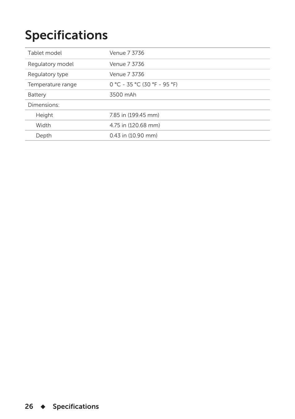 Specifications | Dell Venue 7 3736 China Only User Manual | Page 26 / 26