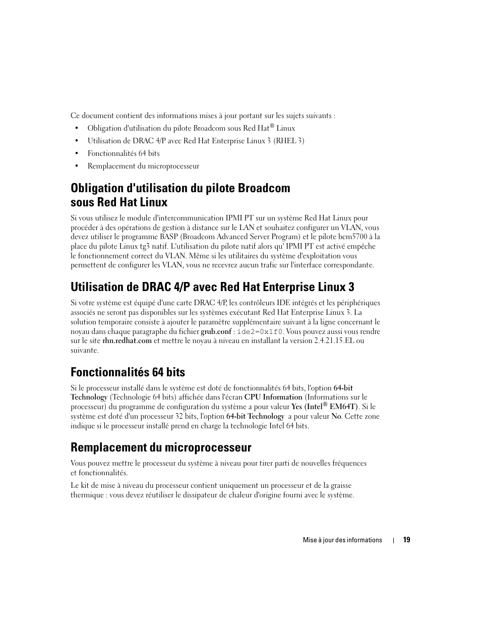 Fonctionnalités 64 bits, Remplacement du microprocesseur | Dell PowerEdge 800 User Manual | Page 21 / 58