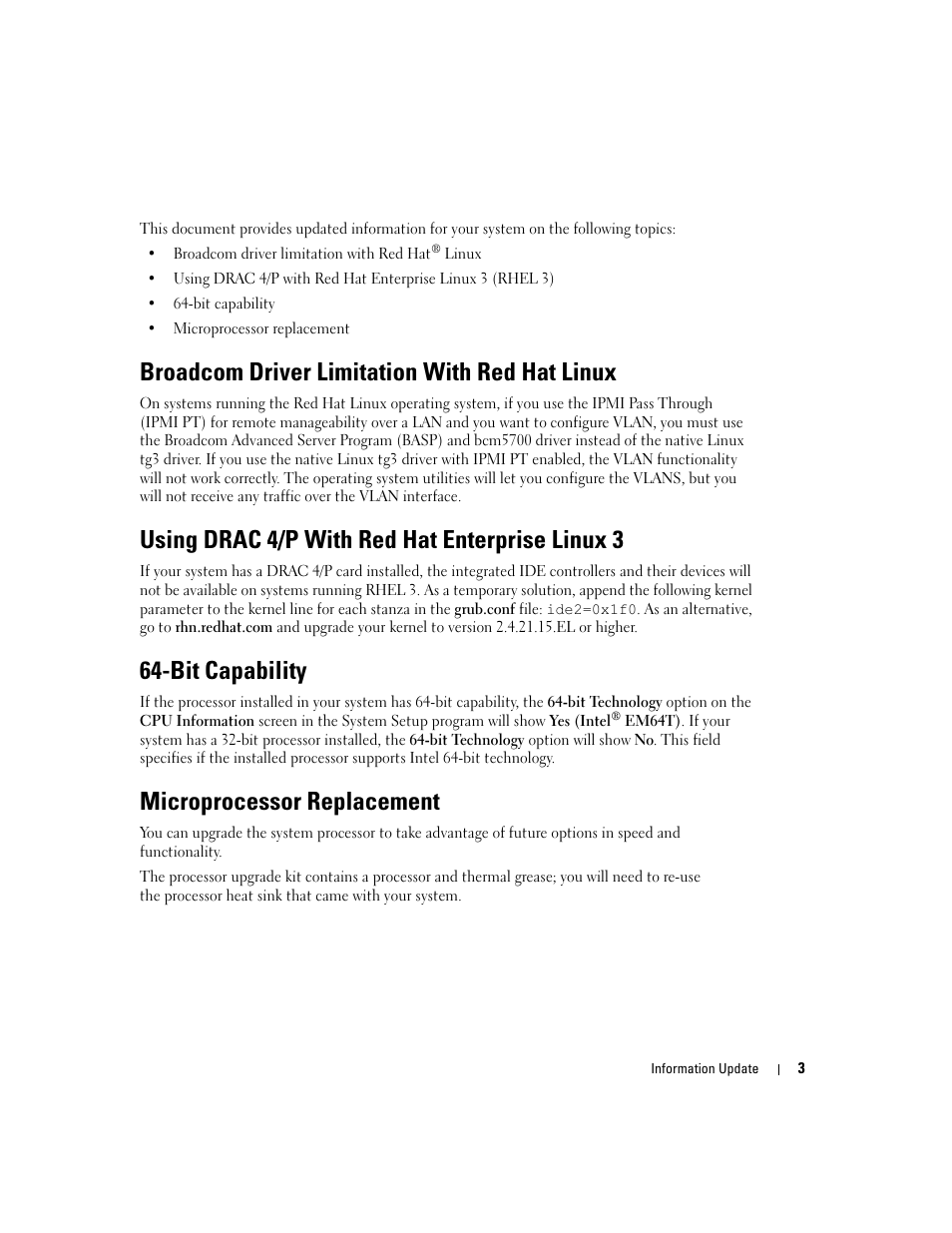 Broadcom driver limitation with red hat linux, Using drac 4/p with red hat enterprise linux 3, Bit capability | Microprocessor replacement | Dell PowerEdge 800 User Manual | Page 5 / 58