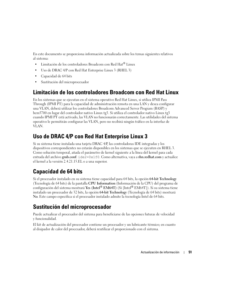 Uso de drac 4/p con red hat enterprise linux 3, Capacidad de 64 bits, Sustitución del microprocesador | Dell PowerEdge 800 User Manual | Page 53 / 58