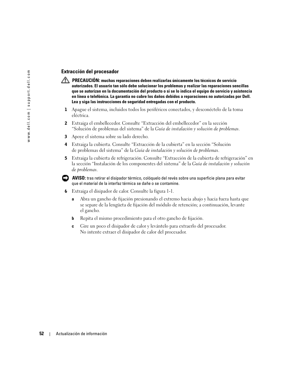Extracción del procesador | Dell PowerEdge 800 User Manual | Page 54 / 58