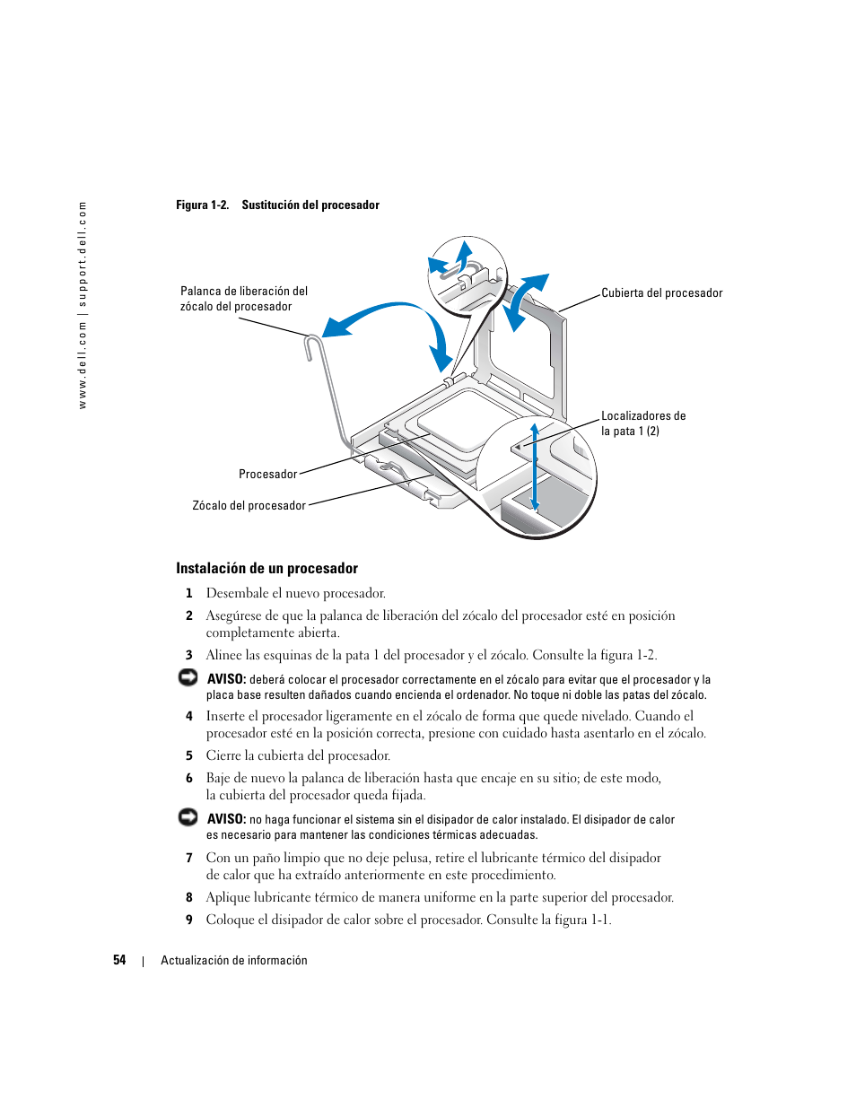 Instalación de un procesador | Dell PowerEdge 800 User Manual | Page 56 / 58